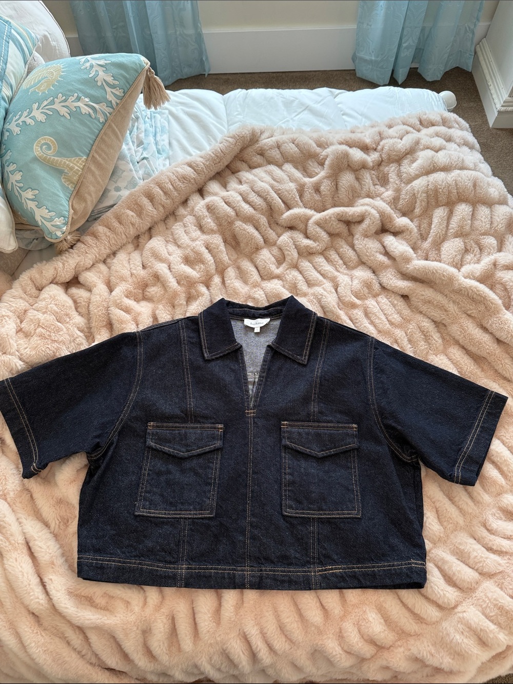bohme Cropped Dark Denim Short-Sleeve Pullover Shirt size L
